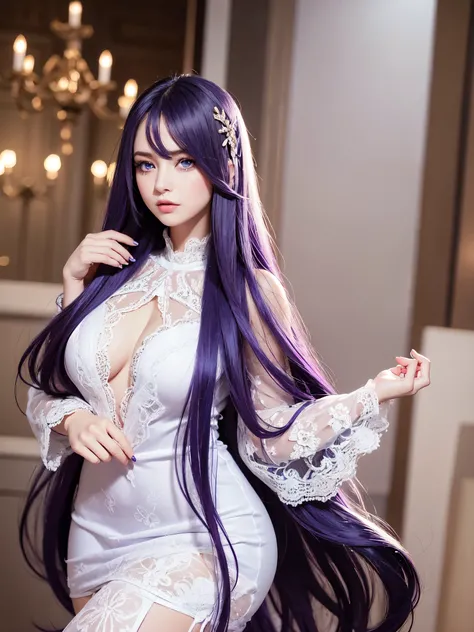 masterpiece, best quality, beautiful young woman, big shiny blue eyes, (detailed pupils:1.2), eyelash, very long purple hair, streaked hair, medium hair, perfect face, detailed, white lace dress, full body, full body view