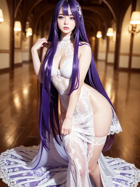 masterpiece, best quality, beautiful young woman, big shiny blue eyes, (detailed pupils:1.2), eyelash, very long purple hair, streaked hair, medium hair, perfect face, detailed, white lace dress, full body, full body view