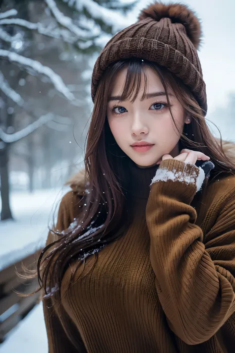 (table top、highest quality、8K、Award-winning work、ultra high resolution)、one beautiful woman、(A large, thick, elegant fur coat:1.3)、(Light brown thick fur coat:1.1)、(knit hat:1.1)、(A lot of fluffy fur:1.2)、(close up of face:1.1)、perfect fit、brown hair、epic ...