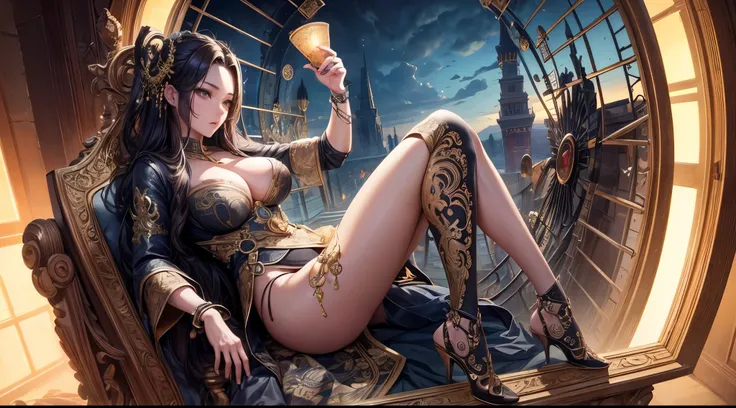 (Masterpiece), (best quality), (8k resolution), (wide angle lens), full body, sexy woman, half-Korean, beautiful, attractive, 27 years old, beautiful fine face, steppe landscape, big clock in the sky, gloomy mood, a Medusa riding at dusk, highest quality, ...