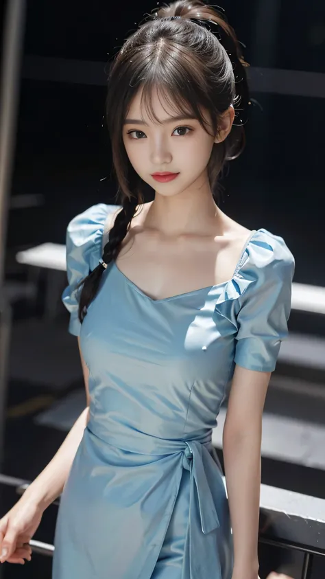 Close up face,standing on stage,Blue colored long dress with lots of ruffles,One woman,masutepiece, The highest image quality, High quality, the background is clear,Beautiful woman, Japanese, Detailed, Detailed eyes, Detailed skin, Beautiful skin, 超hight r...