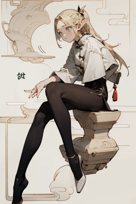 (masterpiece, best quality) detailed, Wearing black tights, silver accessories , The zipper is not closed , Blonde ,elegant, Pointed ears ，whole body，Chinese element pattern，thigh，漏出thigh，White shirt