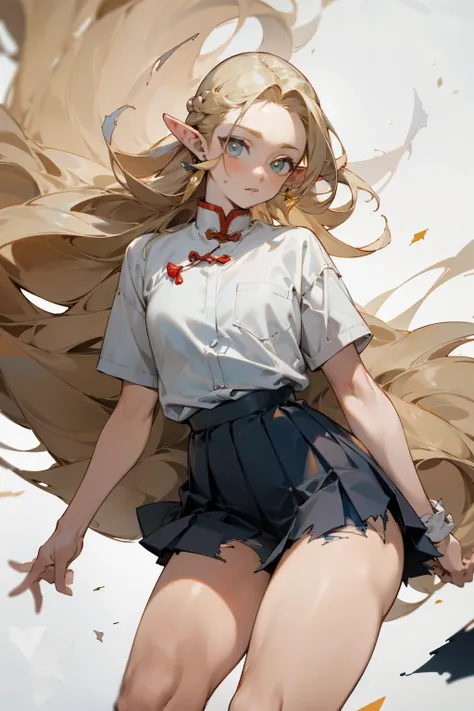 (masterpiece, best quality) detailed,, silver accessories ,  Blonde ,elegant, Pointed ears ，Chinese element pattern，Exposing thighs，White shirt，White pleated skirt，torn clothes，