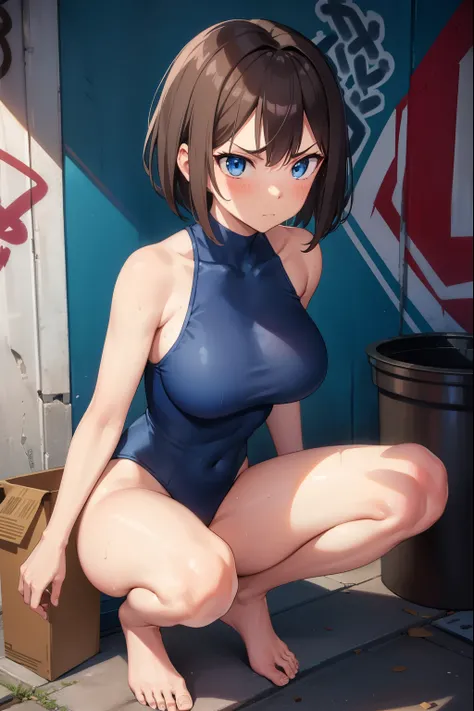 1 girl,Blue leotard,Super High Leg Cut,blue eyes,serious face,brown hair,bob hair,New York City,big breasts,blush,Sweat,barefoot,bare hands,thin,walk,embarrassing,Alley,Graffiti on the wall,Litter scattered,dark,Garbage can,cardboard,cowboy shot,dark,Asian...