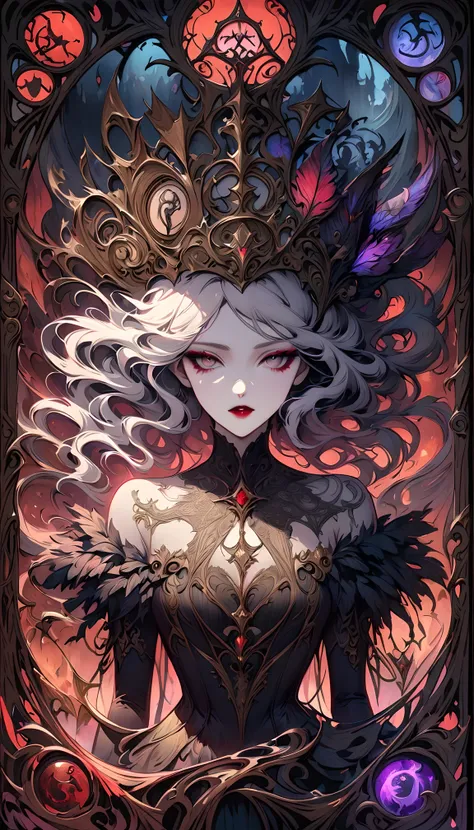 tarot cards: Mad Queen,dark fantasy,unforgettably beautiful,bright colors,gothic horror,terrible atmosphere,fluid stroke,Great attention to detail,Fine lines,Well-designed tarot cards,Complex pattern,Creepy and mesmerizing,Rich texture,dramatic lighting,my...