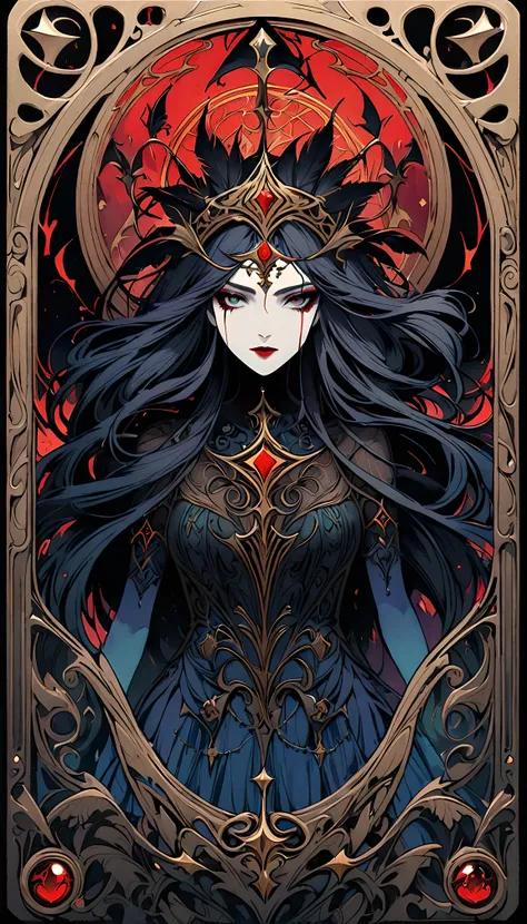 tarot cards: mad queen,dark fantasy,unforgettably beautiful,bright colors,gothic horror,terrible atmosphere,fluid stroke,great a...