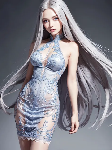 masterpiece, best quality, beautiful young woman, big shiny blue eyes, (detailed pupils:1.2), eyelash, very long grey hair, streaked hair, medium hair, perfect face, detailed, grey lace dress, full body, full body view