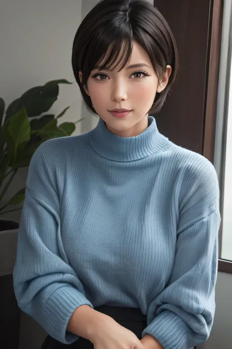 (masterpiece:1.3), (8k, photorealistic, RAW photo, best quality: 1.4), (1girl), beautiful face, (realistic face), (black hair, short hair:1.3), beautiful hairstyle, realistic eyes, beautiful detailed eyes, (realistic skin), beautiful skin, (sweater), absur...