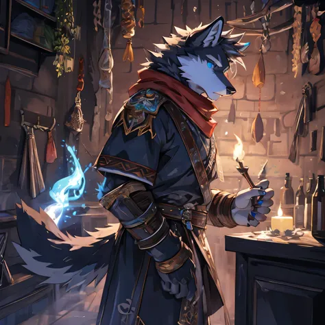 Lone wolf, mature, adult, calm, orc, conservative, introverted, staff man, casting spells, weak warlock, rational, one hand behind his back, dancing, elegant, gray wolf, elegant and cute, water blue eyes, water blue pupils, rational, dynamic posture, serio...