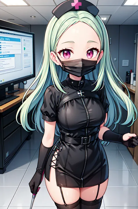 black nurse, 1woman, solo, black nurse cap, black nurse uniform, ((black legwear, zettai ryouiki)), black elbow gloves, forehead, long hair, green hair, pink eyes, ((black surgical mask, covered nose)), standing, ((surgery room)), sharp outline, short slee...