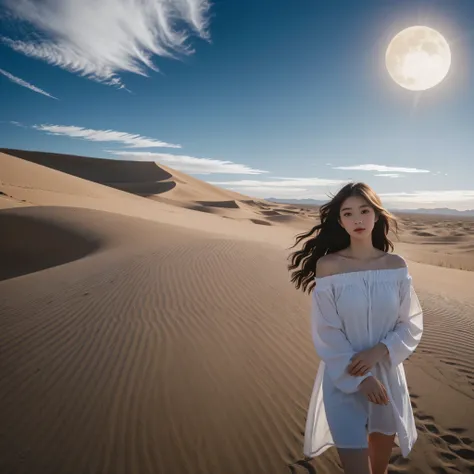 highest quality, masterpiece, ultra high resolution, (realistic:1.4), Raw photo, off shoulder, in the dark, deep shadow, discreet key, cold light, Where you can see the Telis cloud,Desert landscape、Desert Rose、sand、Collage the big moon behind the girl、