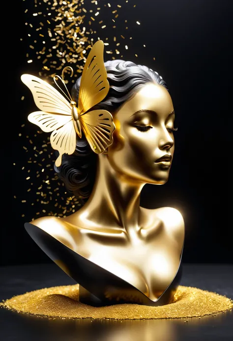 gold leaf art：1.5.Made of platinum，Golden mask，statue，Flowing golden sands，Still Life Table Setting，dark background，Woman portrait sculpture，look up，Golden butterfly on cheek，Hollow butterfly wings，Gold Crumbs，Gold particles，modern style, High resolution, ...