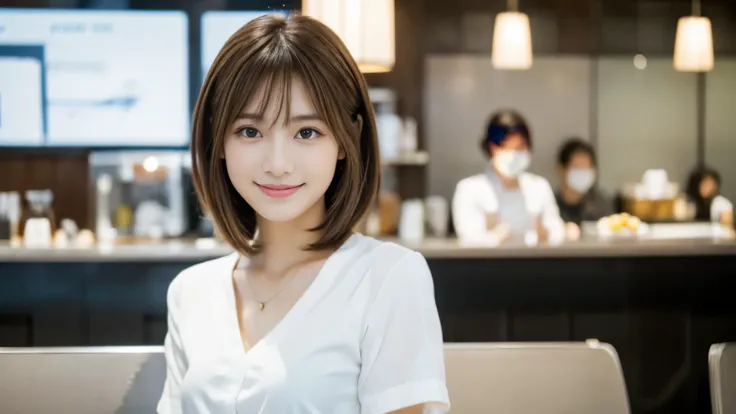 young japanese woman, 30 generations, white background, Background of the stylish cafe interior at the airport, white brown hair, thin, 4k, 8K, high quality, beauty, smile, beautiful eyes, It is characterized by its simplicity, High resolution,1 person,Cle...