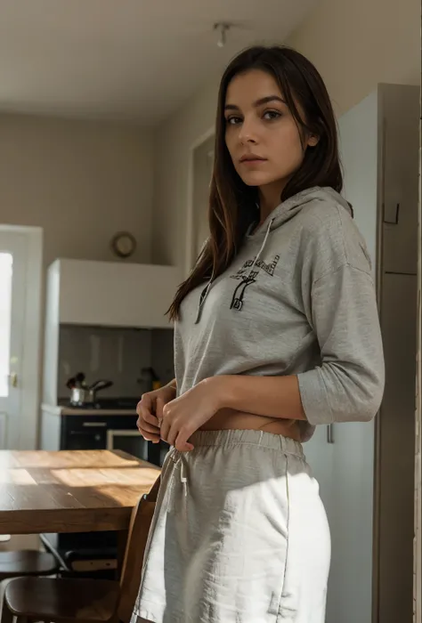 Fille aux longs cheveux noirs Corley,dark brown hair , dans un appartement, concentrated face, visage propre et net, Photo shoot, chef-d&#39;artwork,les yeux jaunes, porter une un hoodie et une culotte, beau collier,boucle d&#39;oreille , high quality, che...