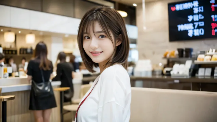 young japanese woman, 30 generations, white background, Background of the stylish cafe interior at the airport, white brown hair, thin, 4k, 8K, high quality, beauty, smile, beautiful eyes, It is characterized by its simplicity, High resolution,1 person,Cle...