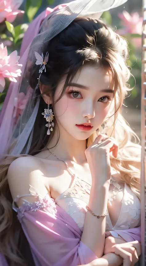 see through、Ren Hao、Bare shoulders、One hand resting on his lips、There are white butterfly orchids around the hair，Lilac dendrobium、orange lily、White Lily、1 girl in、Full body image、white hair、flowing hair、Hazy Beauty、Skin-revealing corset dress，Extremely be...