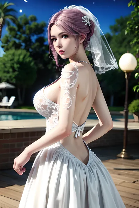 1 girl,standing posture,(( Backless Wedding Dress, see-through)), outdoor,elegant,nighttime,moonlighe,shiny skin,( huge breasts:1.1), lip gloss,( tattoos:1.3), masterpiece, best quality, realistic ,Surrealism,,Rich artistic colors, 8K,soft shadows,Portrait...