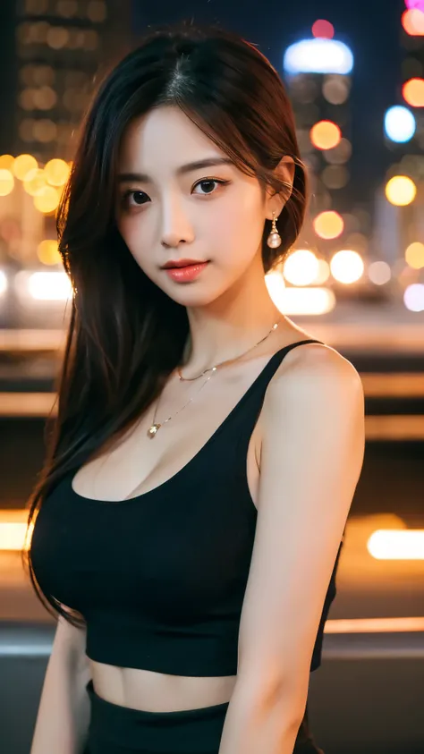 close-up of beautiful korean female, 34 inch breasts size, wearing tank top, necklace, in yhe city night, bokeh background , HD