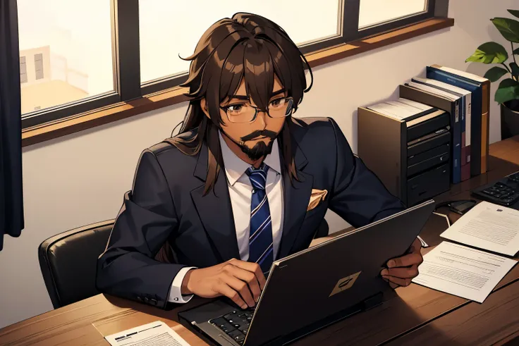 1boy, dark skin, male, male focus, few facial hair, long hair, hair over the eyes, hair between eyes, typing, typing on the computer, office clothes, tie, brown eyes, brown hair, looking at the computer, wearing glasses, failed mustache