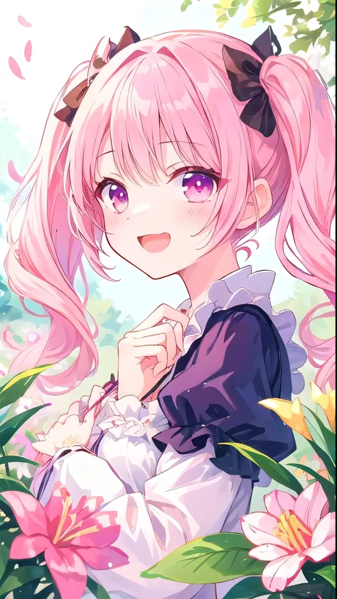 masterpiece, best quality, ultra-detailed, illustration, Azalea, spring, cute, Girl, Solo, laugh, Azalea, pink hair, White hair, twin tails