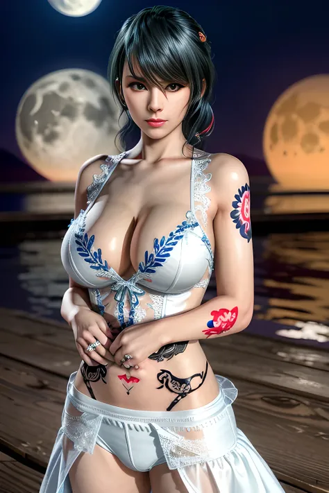 1 girl,standing posture, (Embroidered Trim Wedding Dress), nighttime,moon,( huge breasts:1.1),cleavage,shiny skin,lip gloss,( tattoos:1.2), masterpiece, best quality, realistic ,Surrealism,Rich artistic colors, 8K,3D,Portrait art,solo, tamaki