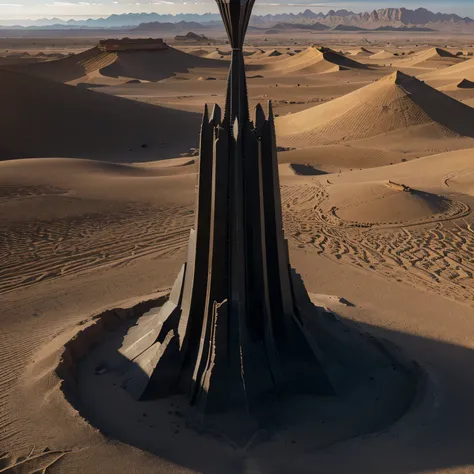 

The shimmering mirage on the horizon slowly materialized into a towering, alien structure that rose out of the arid landscape. Jagged spires of gleaming obsidian pierced the cloudless sky, their sharp silhouettes cutting harsh lines against the endless e...