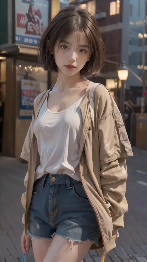 RAW shooting,最high quality, masterpiece, 超High resolution, (realistic:1.4), Raw photo, 1 girl,, short hair, (masterpiece, 最high quality, high quality, High resolution, Super detailed),brown hair, (Night lights:1.4), Cyberpunk attire、Layer Color、Clothes wit...