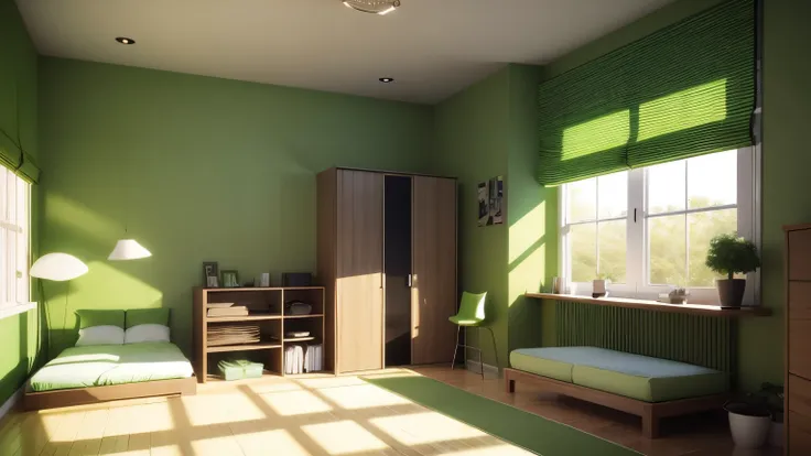 a bedroom with green theme, boyish style, anime style