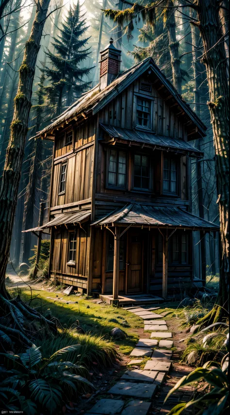 (Masterpiece, Best Quality: 1.2), (Highres: 1.1), (Highest Quality), (Master&#39;s Work), Facing Viewer, Dynamic Angle, In the heart of a dense, eerie forest, there lies an old shack. It’s been abandoned for years, yet it holds a chilling presence that sen...