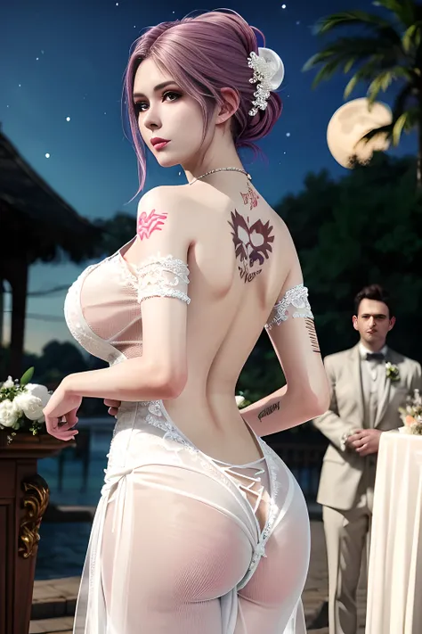 1 girl,standing posture,(( Backless Wedding Dress, see-through)), outdoor,elegant,nighttime,moonlighe,shiny skin,( huge breasts:1.1), lip gloss,( tattoos:1.3), masterpiece, best quality, realistic ,Surrealism,,Rich artistic colors, 8K,soft shadows,Portrait...