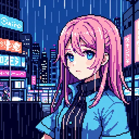 pink hair, girl, profile picture, Blue eyes, Love, game, main character, the rain, city, neon, blue 