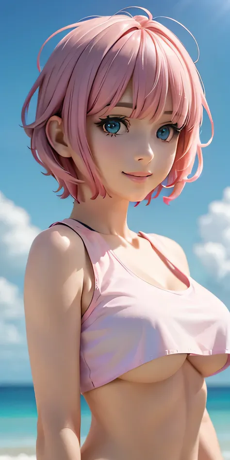 baby face, (pink short hair:1.5,messy hair:1.5), (photorealistic:1.8), (masterpiece, side light, exquisite beautiful eyes: 1.5), masterpiece*portrait, realistic, 3D face,(cute face),Front view: 1.6、 (shining blue eyes:1.2),plump face:1.5,(we say:1.5)、(ench...