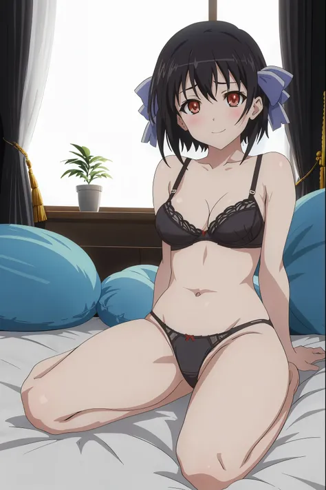 [[anime styled]],[[digitalart]],NSFW,1girl in,(Portrait),face focus/close up,Looking at Viewer,bedroom,lying,bed,Tomomi_Xijing,black hair,hair ribbon, Short hair,(nude),(bra,bra strap),(panties),medium build,perfect anatomy,Smile,blush,best quality,master ...