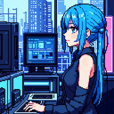 blue hair, girl, profile picture, Blue eyes, Love, game, main character, the rain, city, neon, pink, game, game controller, computer, window