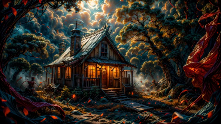 (Masterpiece, Best Quality: 1.2), (Highres: 1.1), (Highest Quality), (Master's Work), Facing Viewer, Dynamic Angle, In the heart of a dense, eerie forest, there lies an old shack. It’s been abandoned for years, yet it holds a chilling presence that sen...