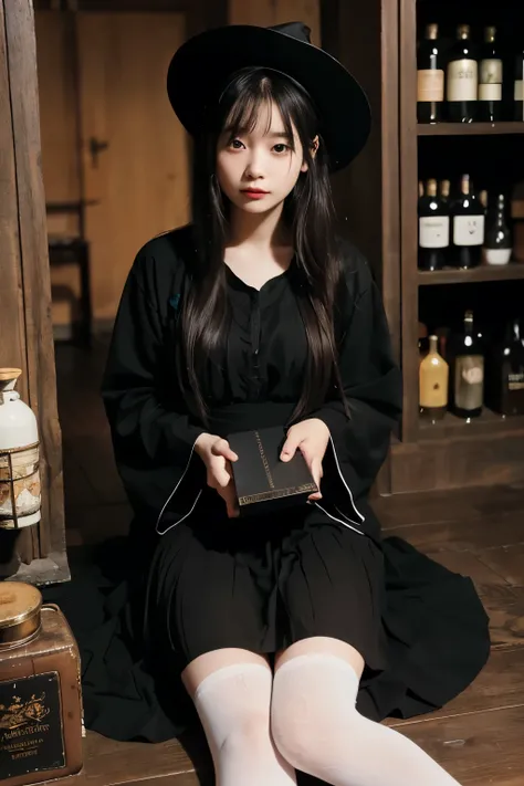 (masterpiece, Best Quality:1.2), 8K, Official art, Raw photo, cute face, beautiful face, real human skin, 25 years old, 1 japanese girl, a woman sitting on a floor with a magic book in her hand, dark room with a lot of medicine bottles, black witchs closes...