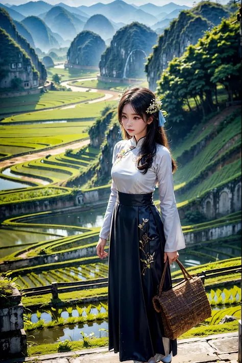 ((a beautiful picture depicting a vietnamese hometown)), the focus of the scene is on a field with steps leading up to a stairca...