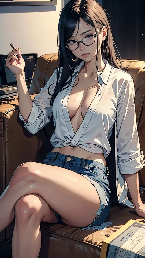 ( ultra-realistic rendering, highest quality), ((highest quality, 16k, masterpiece: 1.3)),　There is a woman sitting on the floor with her legs crossed., with glasses, japanese model, with glasses on, With square glasses, young sensual gravure idol, yasumot...