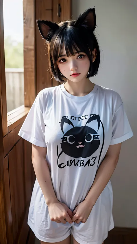 A girl big eyes and wearing only a tshirt and she is human cat , her ears is like cat and her eyes like cat eyes chubby and holding ciggerate in her hand 