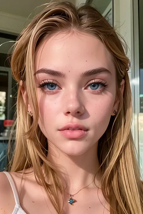 Foto de uma loira de 20 anos., ele tem um rosto muito natural, thin lips, olhos finos, sobrancelhas finas, nariz fino, brincos, apertados longos. She takes a cute selfie in a cafe. Ultra-realista