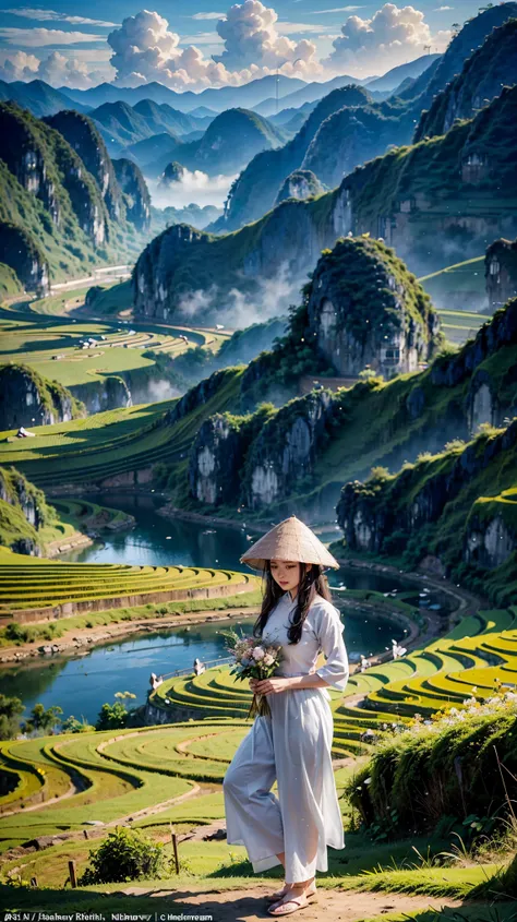 ((a beautiful picture depicting a vietnamese hometown)), the focus of the scene is on a field with steps leading up to a stairca...