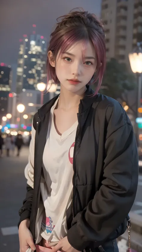 RAW shooting,12K, 最high quality, masterpiece, 超High resolution, (realistic:1.4), Raw photo, 1 girl,, short hair, (masterpiece, 最high quality, high quality, High resolution, Super detailed),pink hair, (Night lights:1.4), Cyberpunk attire、Layer Color、Clothes...