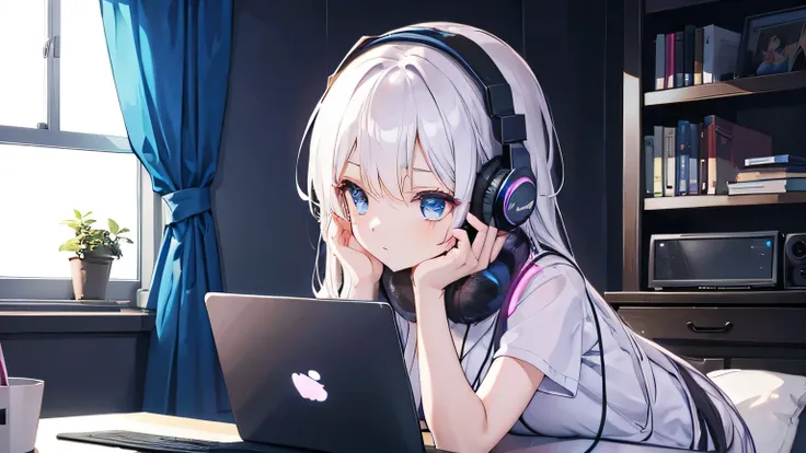 A beautiful girl wearing headphones and using a computer in a room with an open window at night