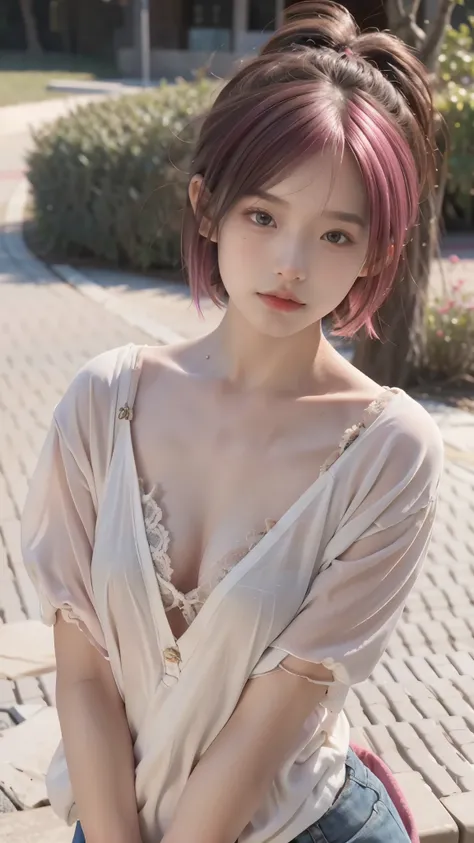 最high quality, masterpiece, 超High resolution, (realistic:1.4), Raw photo, 1 girl,, short hair,, (masterpiece, 最high quality, high quality, High resolution, Super detailed),pink hair