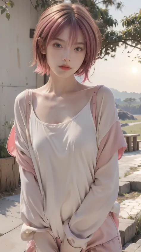 最high quality, masterpiece, 超High resolution, (realistic:1.4), Raw photo, 1 girl,, short hair,, (masterpiece, 最high quality, high quality, High resolution, Super detailed),pink hair