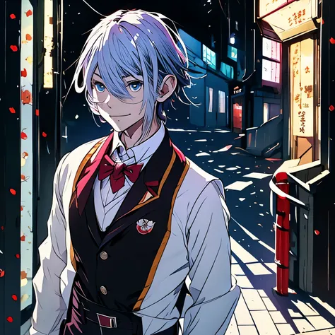 please draw an illustration of a standing full-body japanese male high school student with silver hair and a kind face.