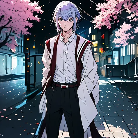 please draw an illustration of a standing full-body japanese male high school student with silver hair and a kind face.