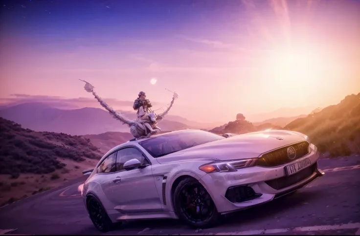 araffe on top of a white car with a man on top, bright light masterpiece, 8k in the style, outrun style, illustration 8 k, 8k sc...