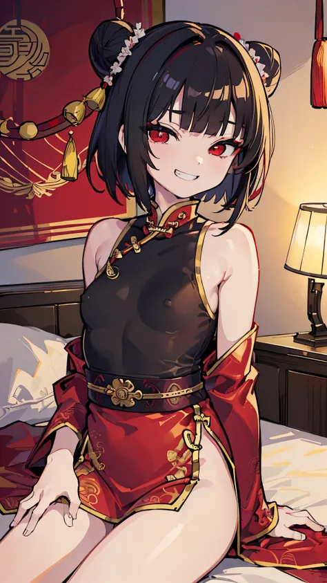 (8K、Highest image quality、highest quality、masterpiece)、detailed face、((  alone))、black hair、short hair、twin buns、blunt bangs、red eyes、evil smile、((grin))、small breasts、((red chinese clothes))、No sleeve、cowboy shot、sit on the bed、bedroom background