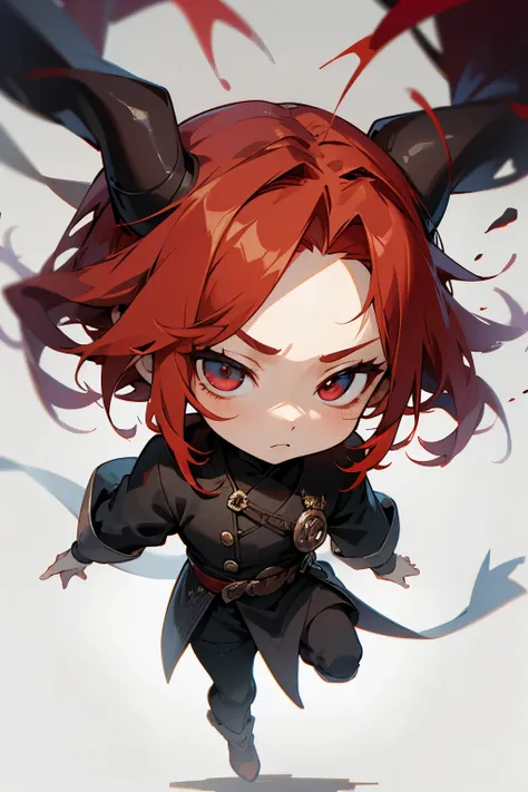 boy, swordman, full body, cartoon style, chibi style, cute, Demon horns from the forehead, beautiful face, sleepy face, red color eye, beautiful eye, high detailed pupil, double eyeylid, high detailed skin, high quality skin, red color hair, black clothes,...